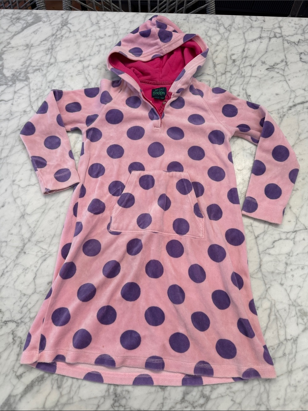 MINI BODEN Girls 7-8 Y Polka Dot Velour Hooded Tunic pink purple cover up Towel